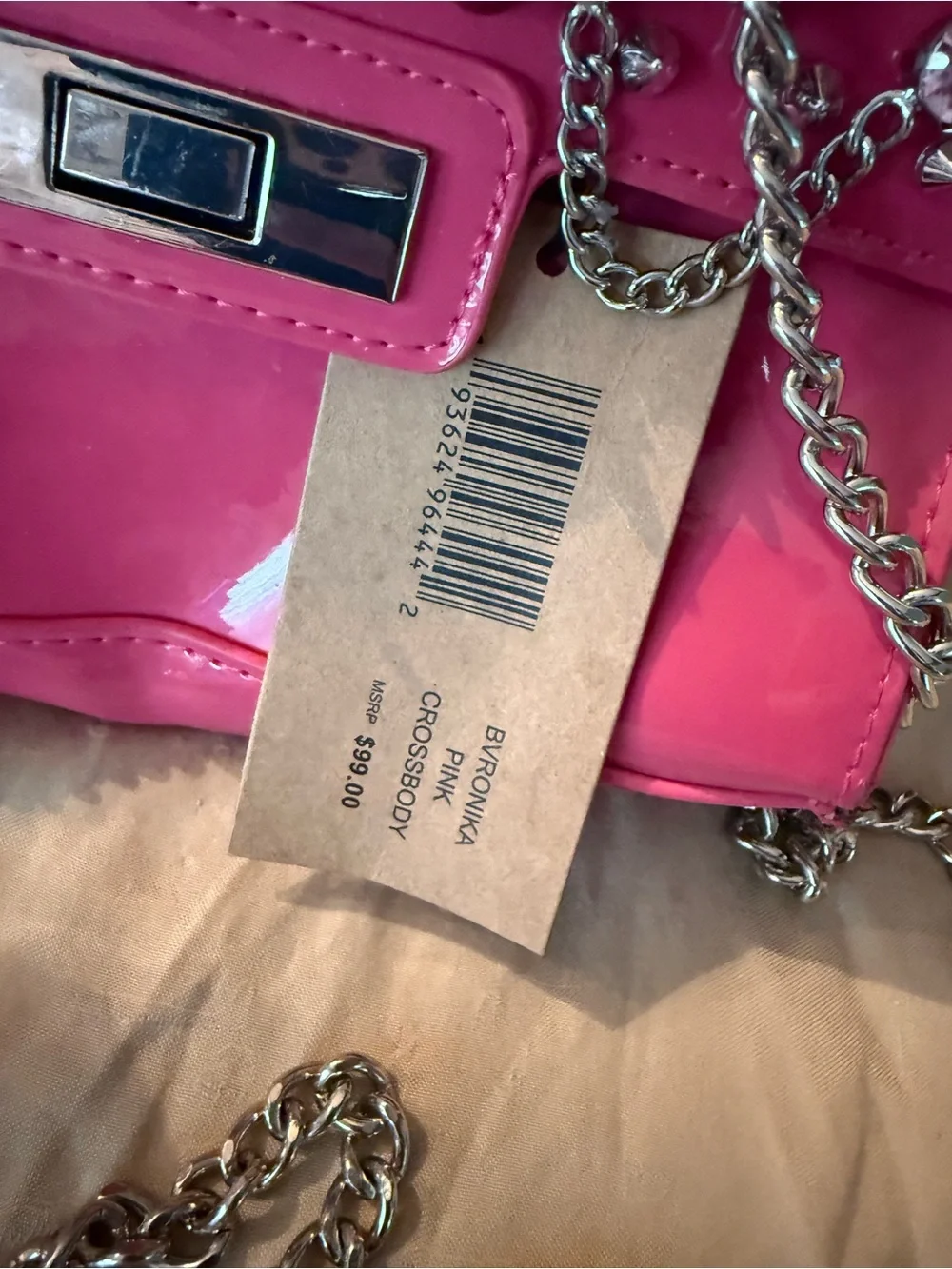 Steve Madden Hot Pink Jeweled Patent Crossbody with Silver Chain - Picture 2 of 5